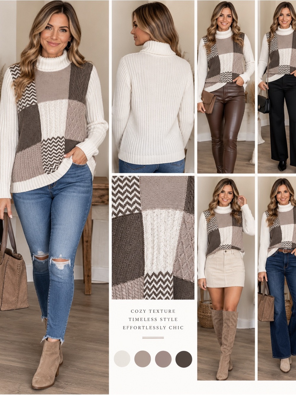 Liz Claiborne Patchwork Turtleneck Sweater in Cream and Taupe